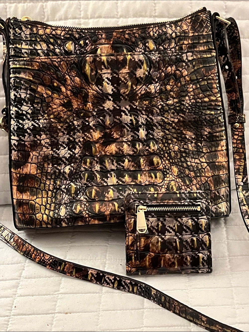 NWOTBrahmin Croc Design Leather Crossbody Bag & Wallet-Brown & Gold Houndstooth - Picture 5 of 16